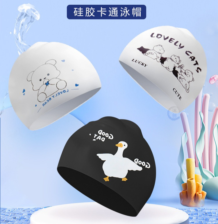 Swim Cap Silicone - Kinder-Badekappe aus Silikon mit Cartoon-Motiv, wasserdicht,