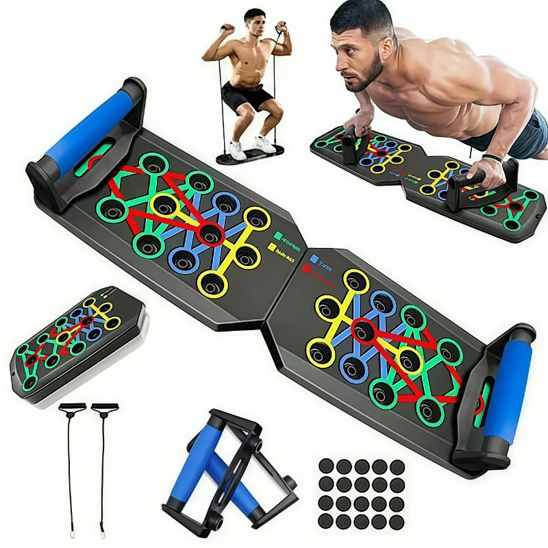 Sports Equipment Warehouse - Faltbares Push-Up-Board mit Widerstandsbändern, multifunktionale Liegestützgriffe,